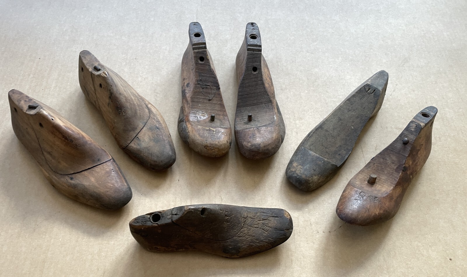 OUTSTANDING Lot of (7) Antique Wood Adult SHOE LASTS Forms Cobbler Molds