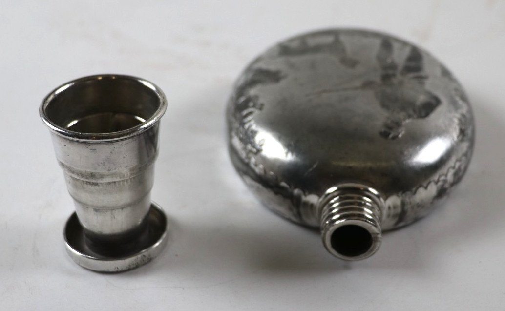 1888 Antique Silverplate Flask & Collapsible Cup/Lid w/ Monogram 5 1/2 x 4''