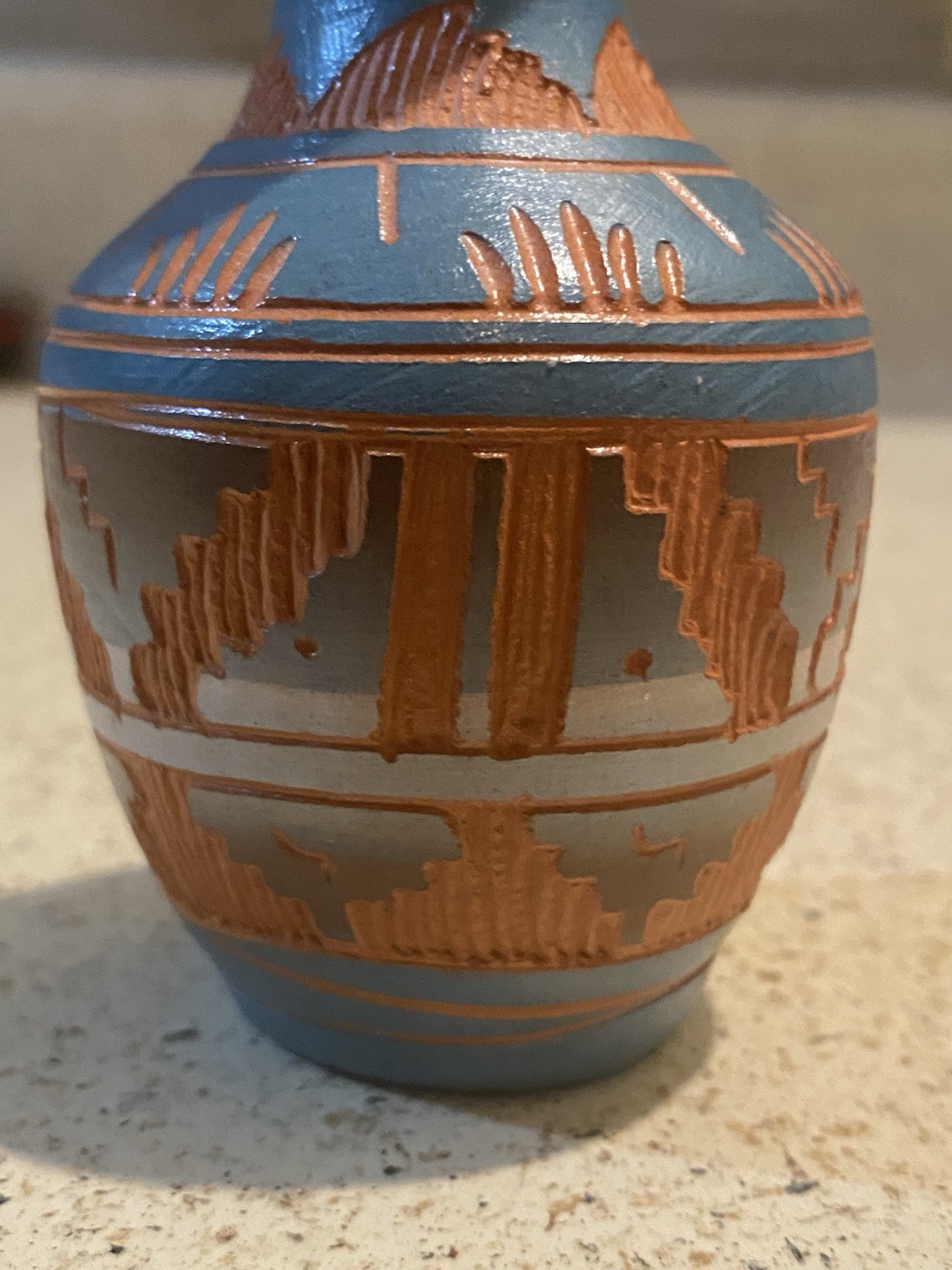 Signed Navajo Miniature Red Clay With Blue Overlay Etched Pottery Vase 4”