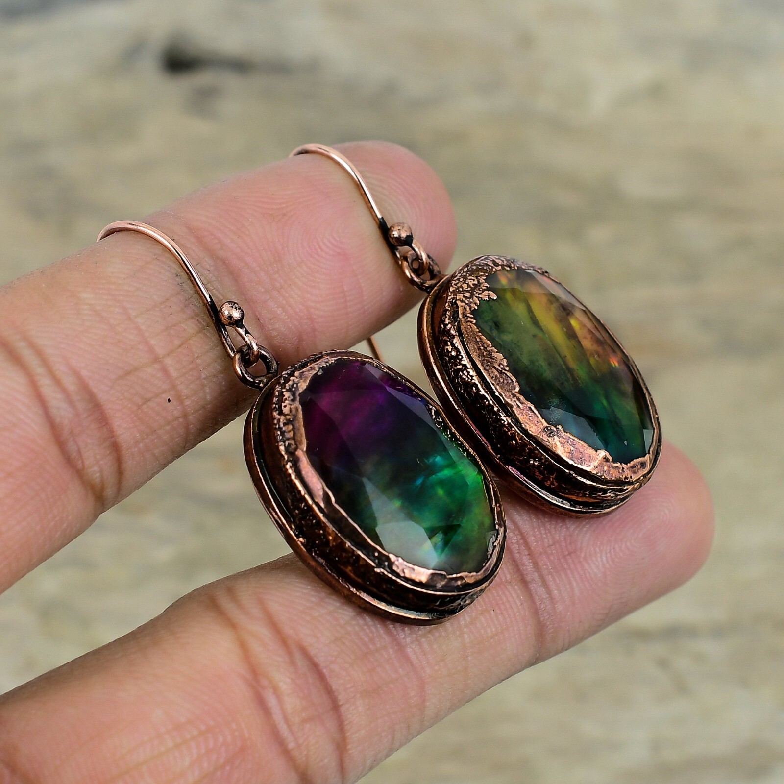 Ammolite Jewelry Copper Friend Gift Electroformed Drop/Dangle Earrings 1.85"