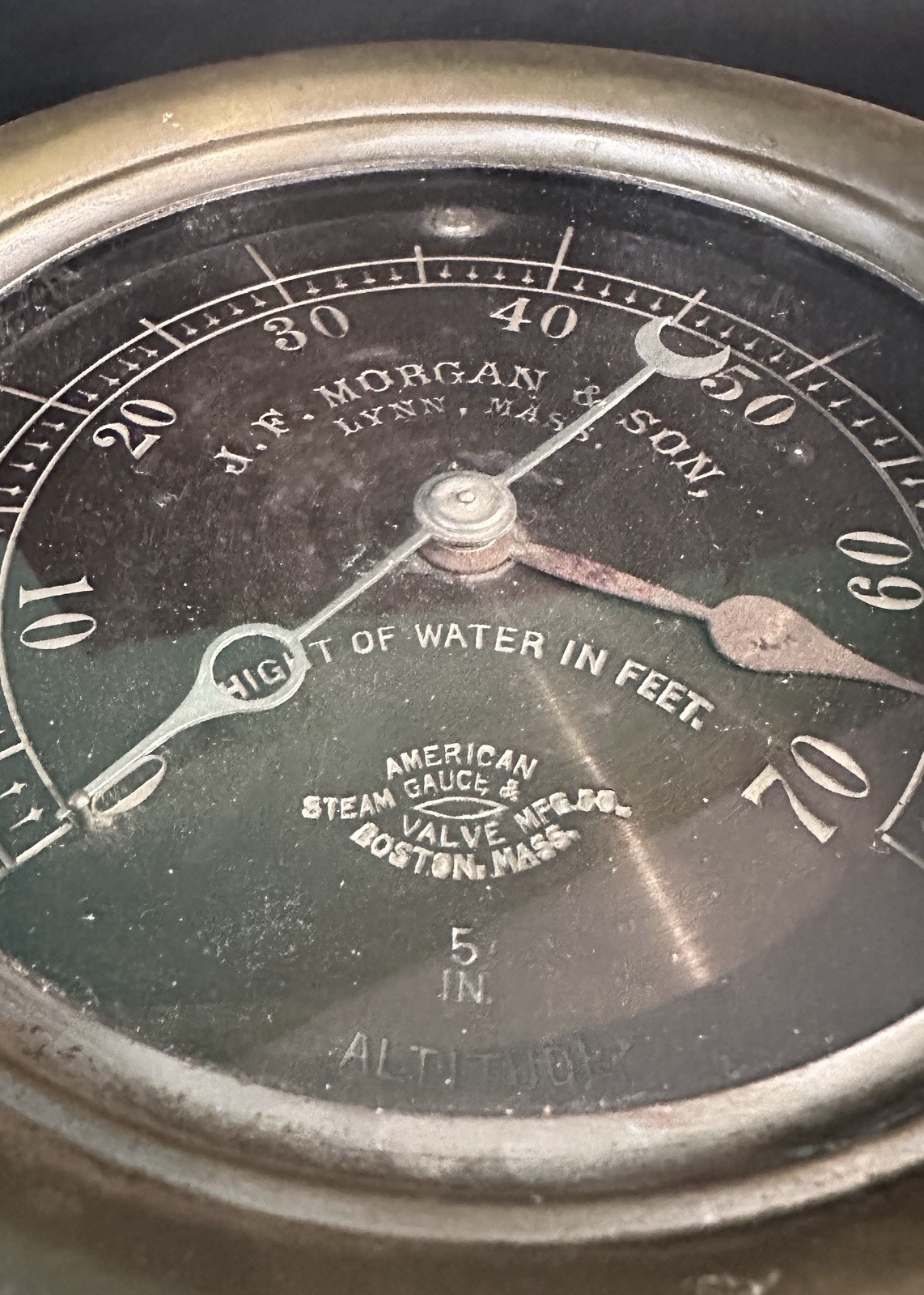 American Steam Gauge & Valve Co 5” Altitude Gauge, J.F. Morgan & Son, Lynn, Mass