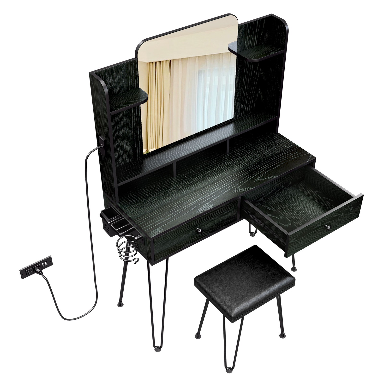 Makeup Vanity Table Set with Charging Station + vanity Stool Dressing Table Desk