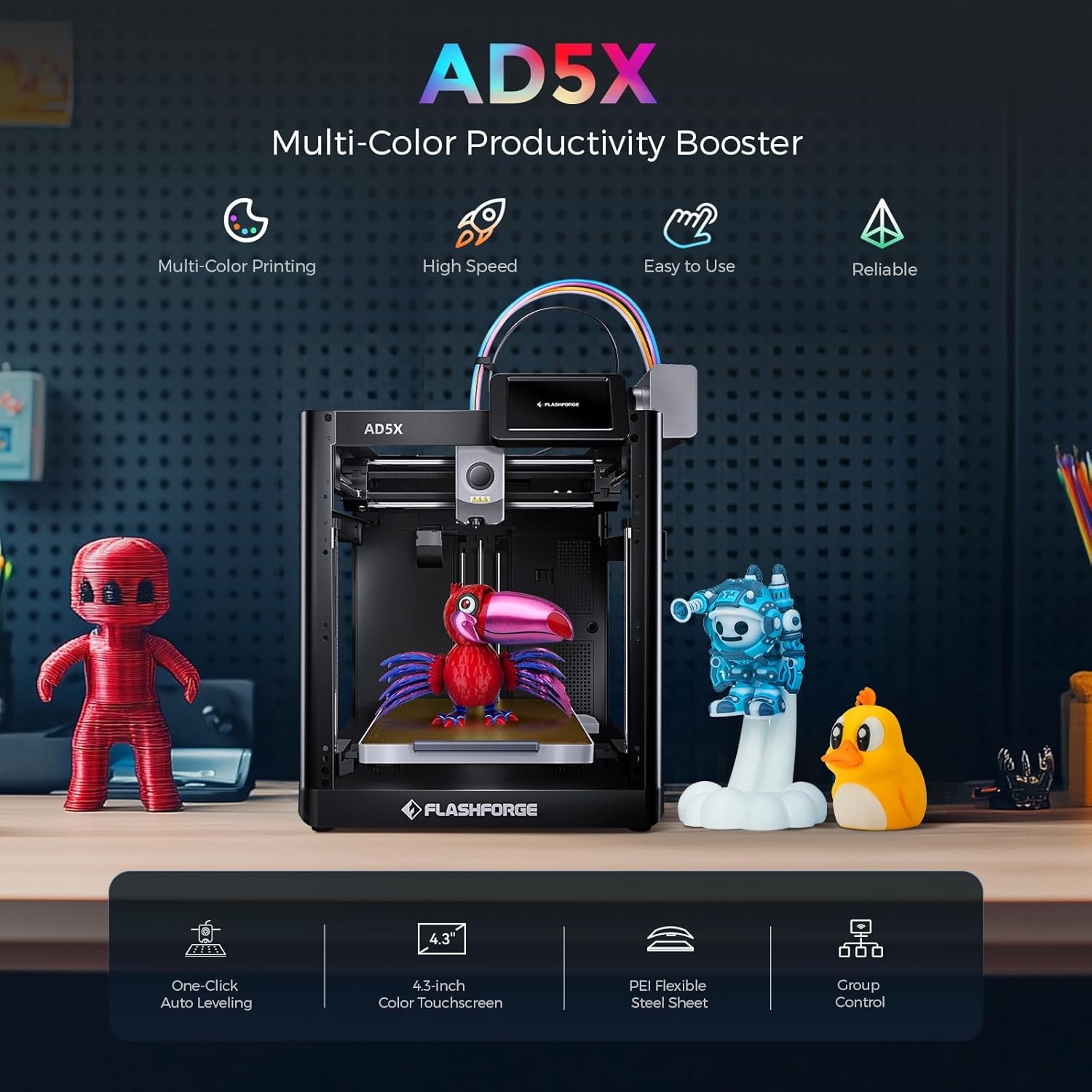 FLASHFORGE AD5X Multi-Color 3D Printer 4 Colors W/ IFS Max 600mm/s Auto Leveling
