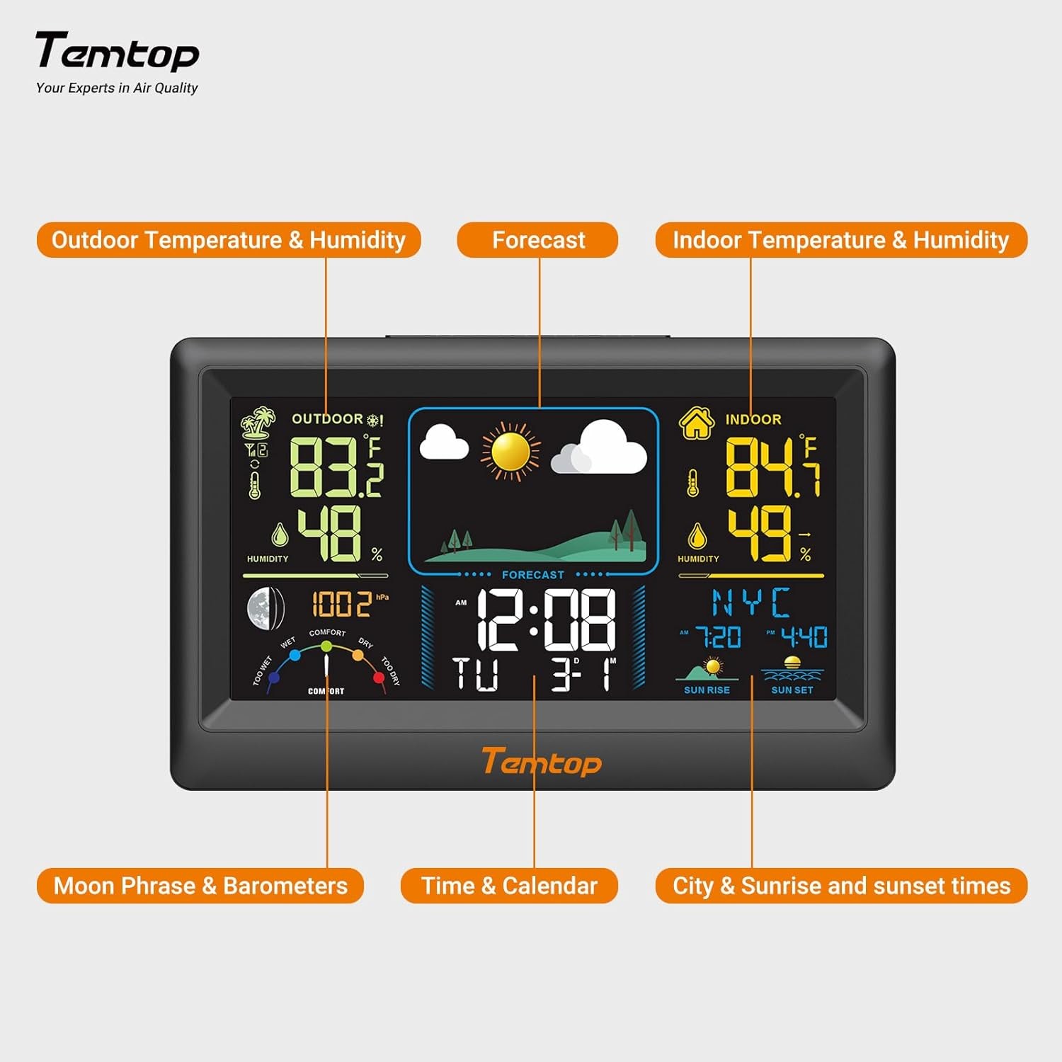 Digital LCD Weather Station Clock Indoor & Outdoor Calendar Thermometer Wireless