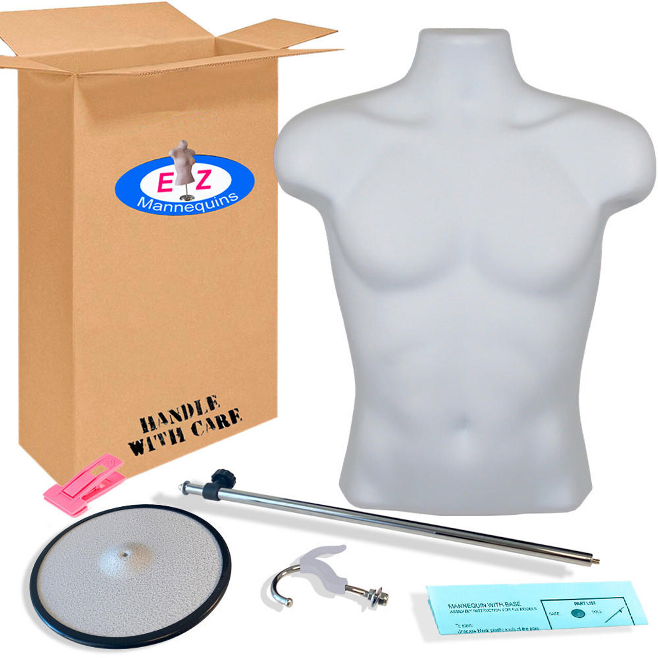 Male White Mannequin Hollow Back Counter Top Torso with Stand + Hanging Hook