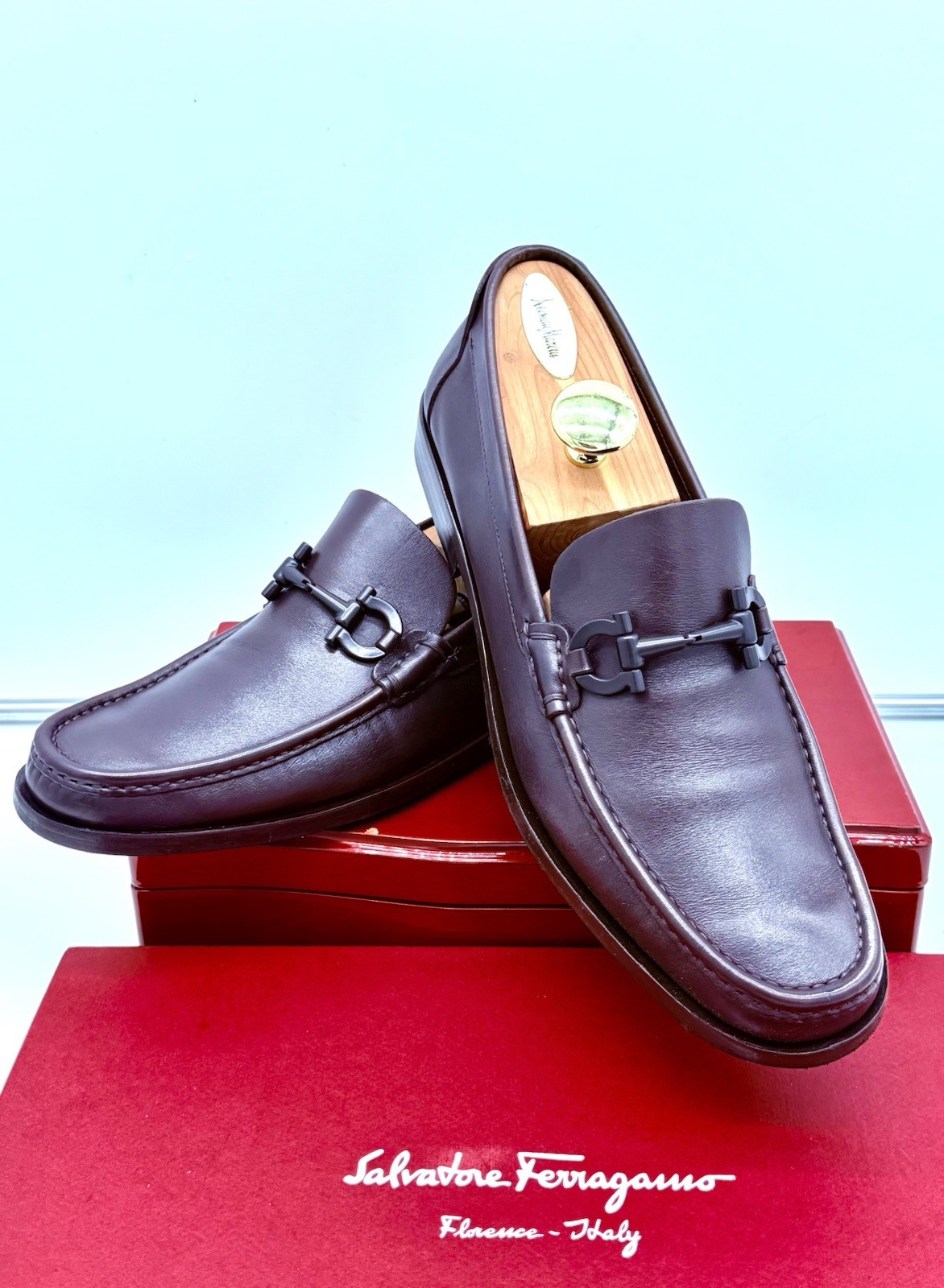 Ferragamo Mens Brown Loafers 10 Gancini Horse Bit Leather Luxe Shoes