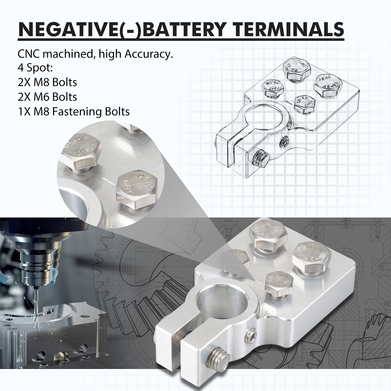 4 Spot Flat Lug Battery Terminal For SAE Top Post Clamp Car Audio Pair
