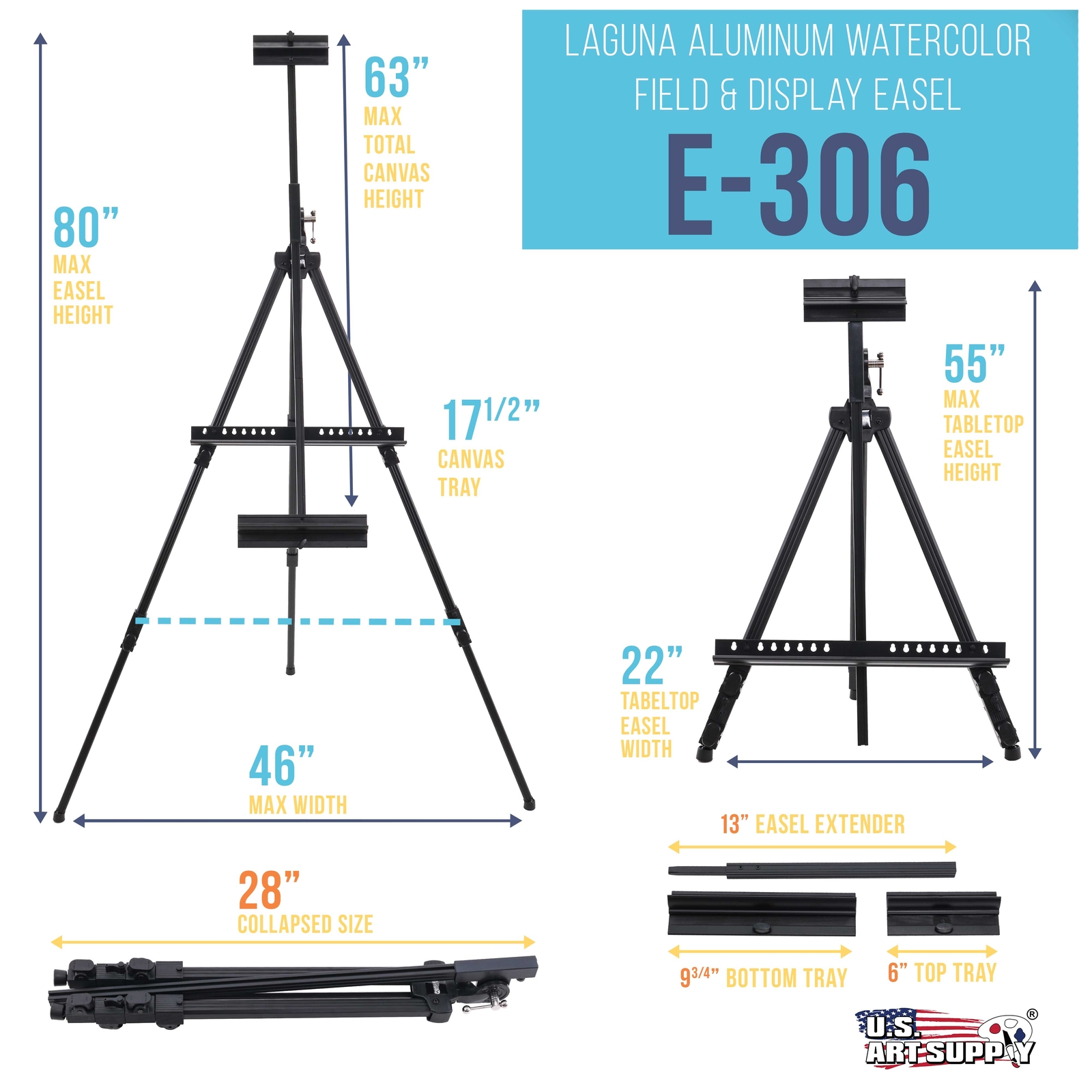 80" Aluminum Artist Watercolor Field Display Easel, Floor, Tabletop Tripod Stand