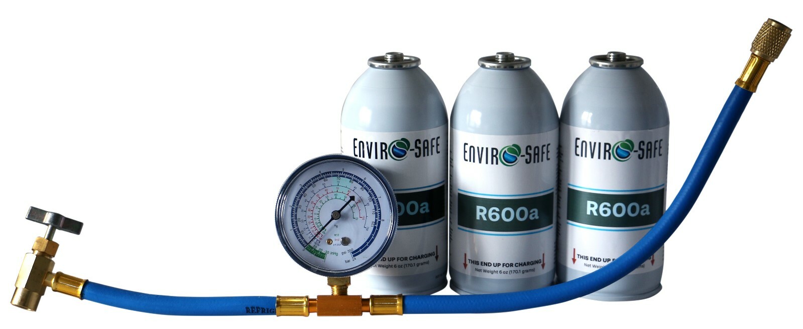 R600a Modern Refrigerant 3 Convenient 6oz Cans and Gauge Kit #8056