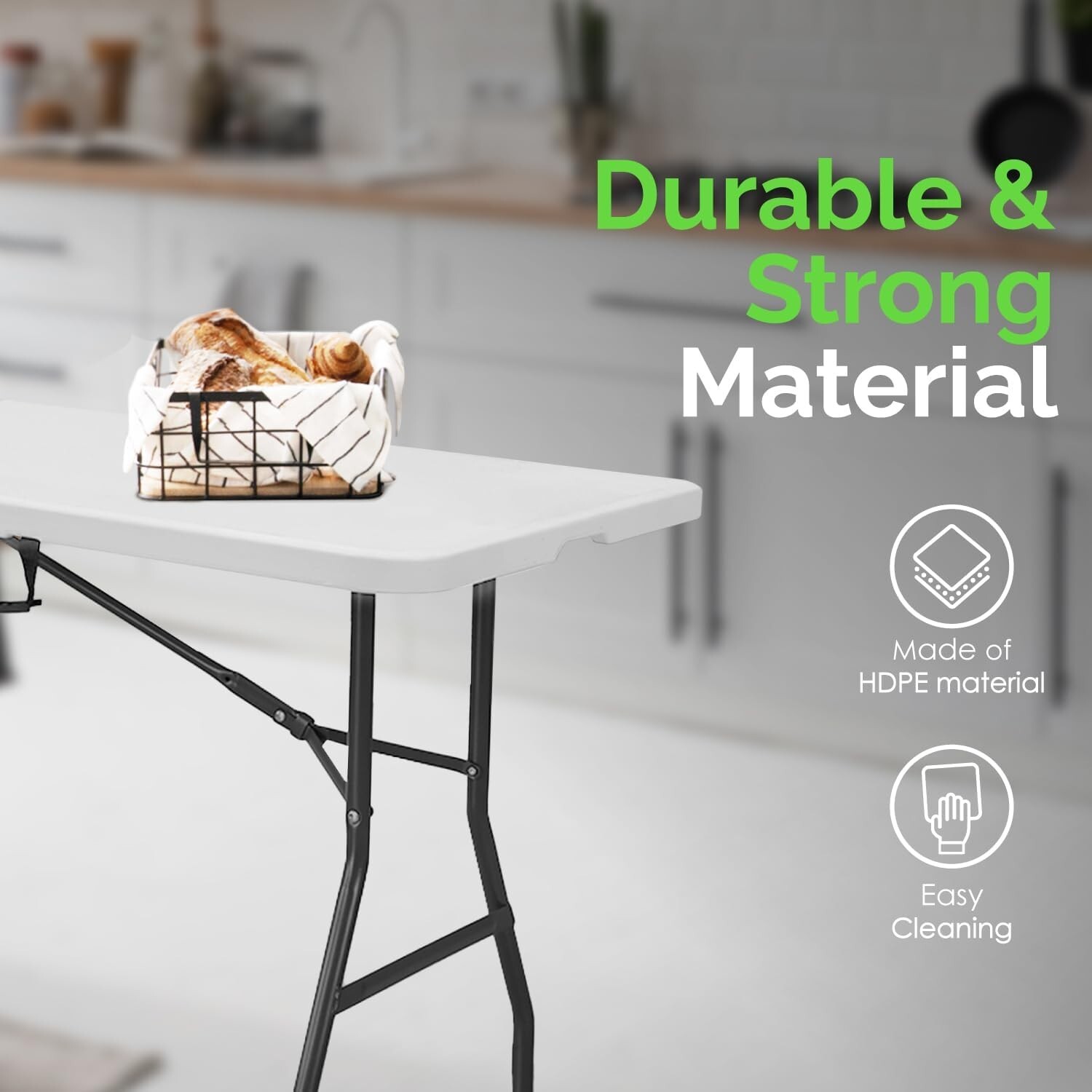 EconoHome White 8ft Folding Table with Handle | Heavy-Duty Foldable Table