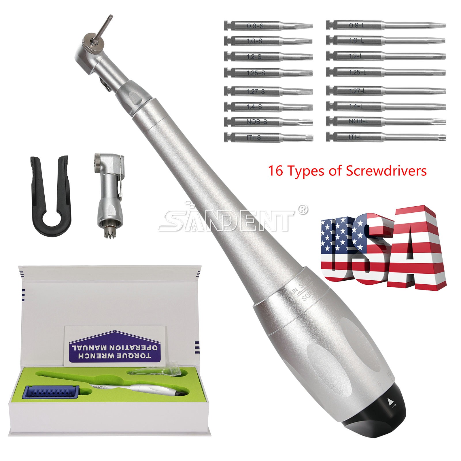 Dental Torque Wrench Universal Implant Kit Wrench Contra Angle & 16 Drivers USA