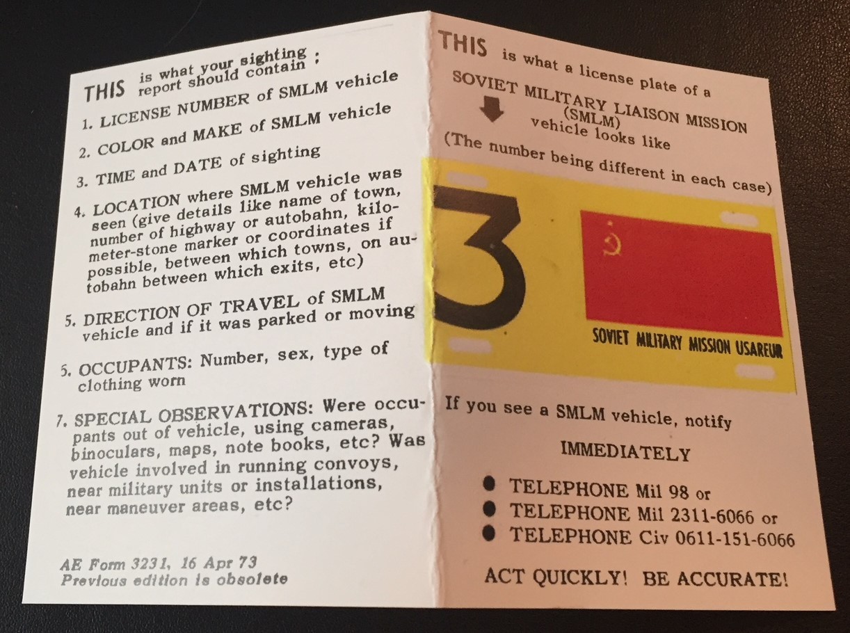 Cold War USAEUR SMLM (Soviet Military Liaison Mission) Card