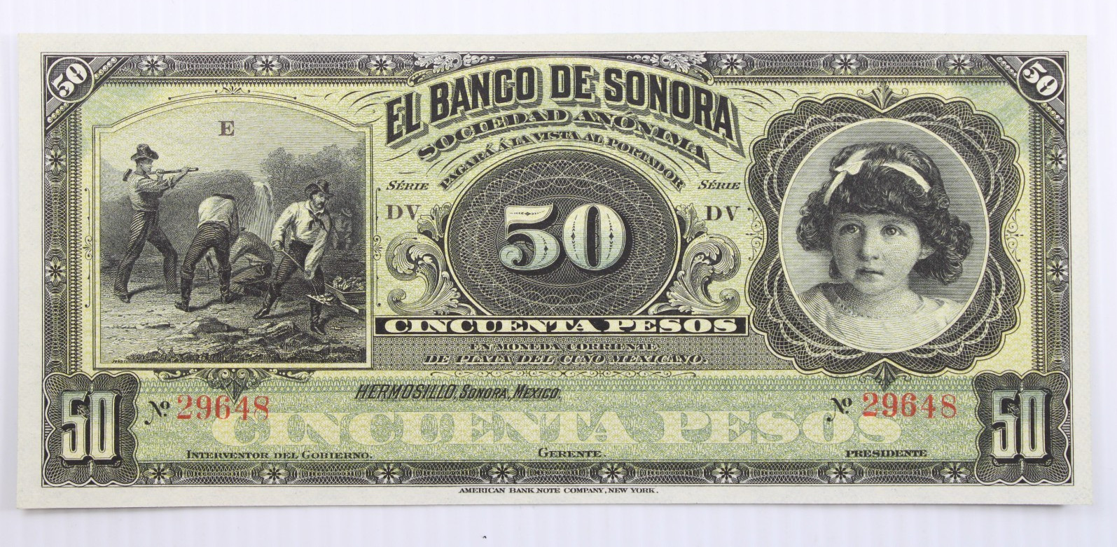 1899-1911 Mexico Banco de Sonora 50 Pesos Pick#S422r UNC #443