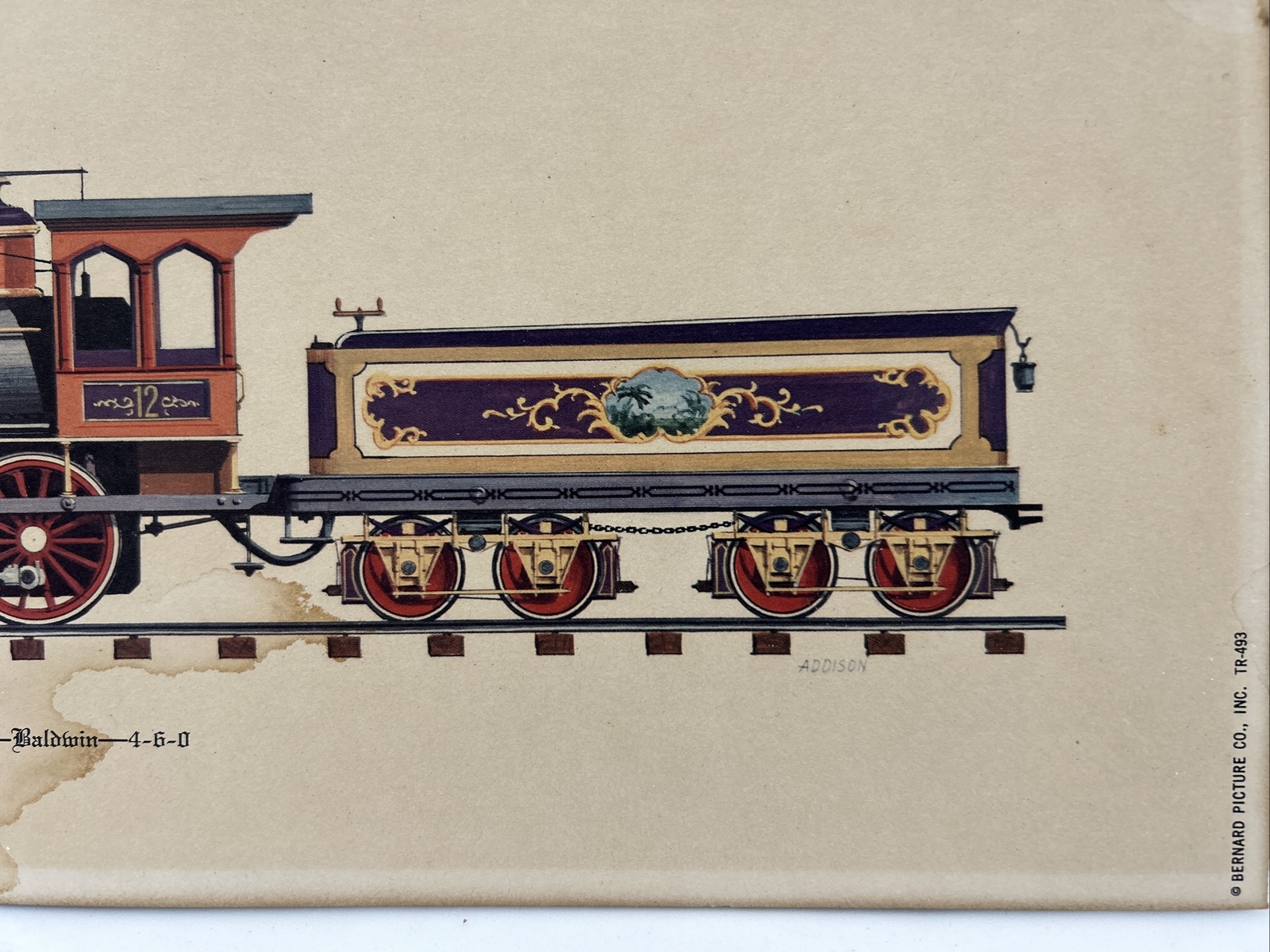 Vintage Baldwin Locomotive And Tender 14”x7” Litho 1859 President 10 Wheel 4-6-0