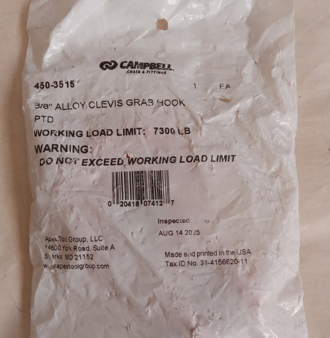 Campbell 450-3515 3/8" Alloy Clevis Grab Orange Hook PTD Load Limit 7300 lb