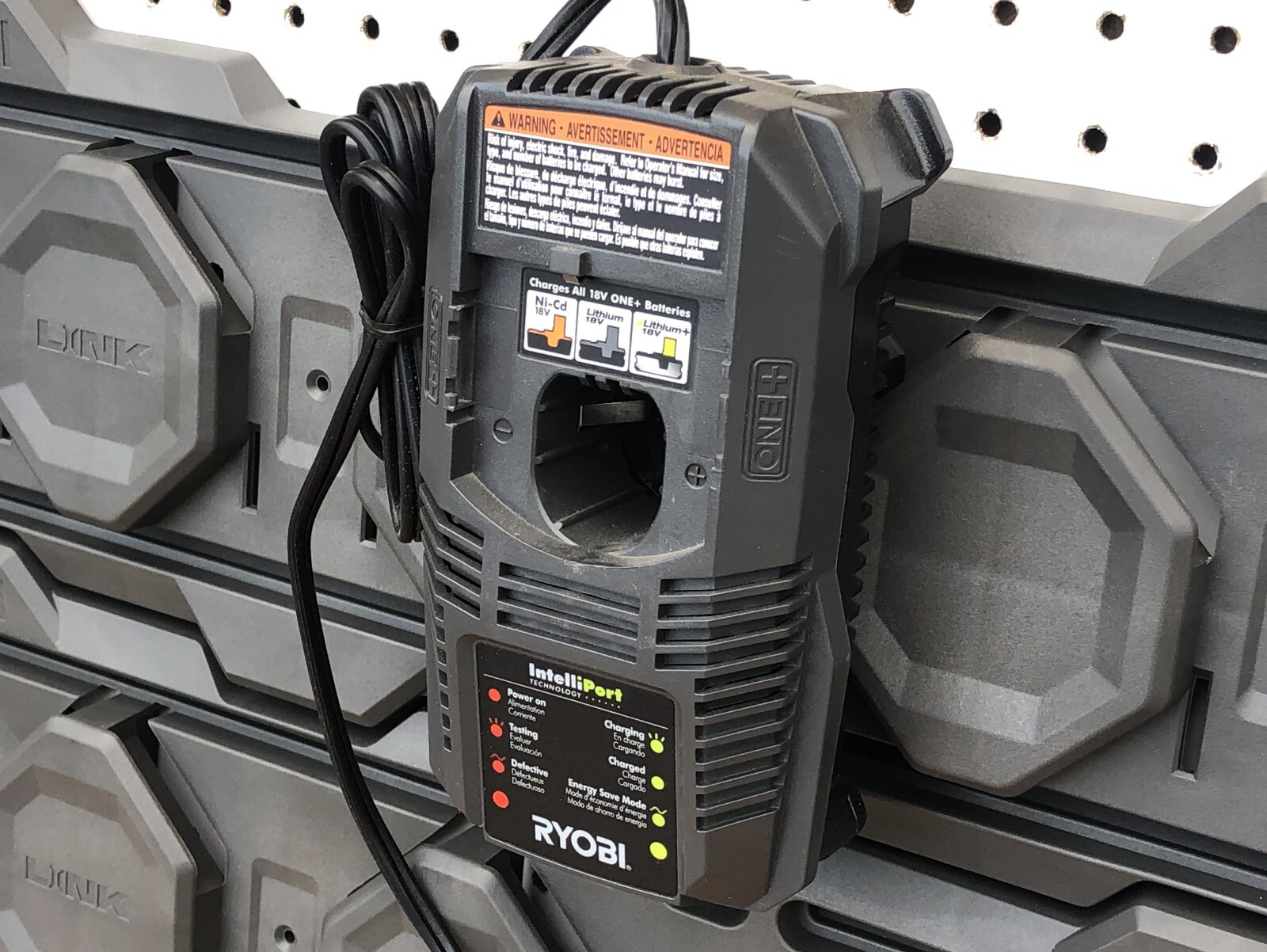 Small Ryobi Charger Holder for Ryobi Link Wall Rail garage organizer w/wire clip