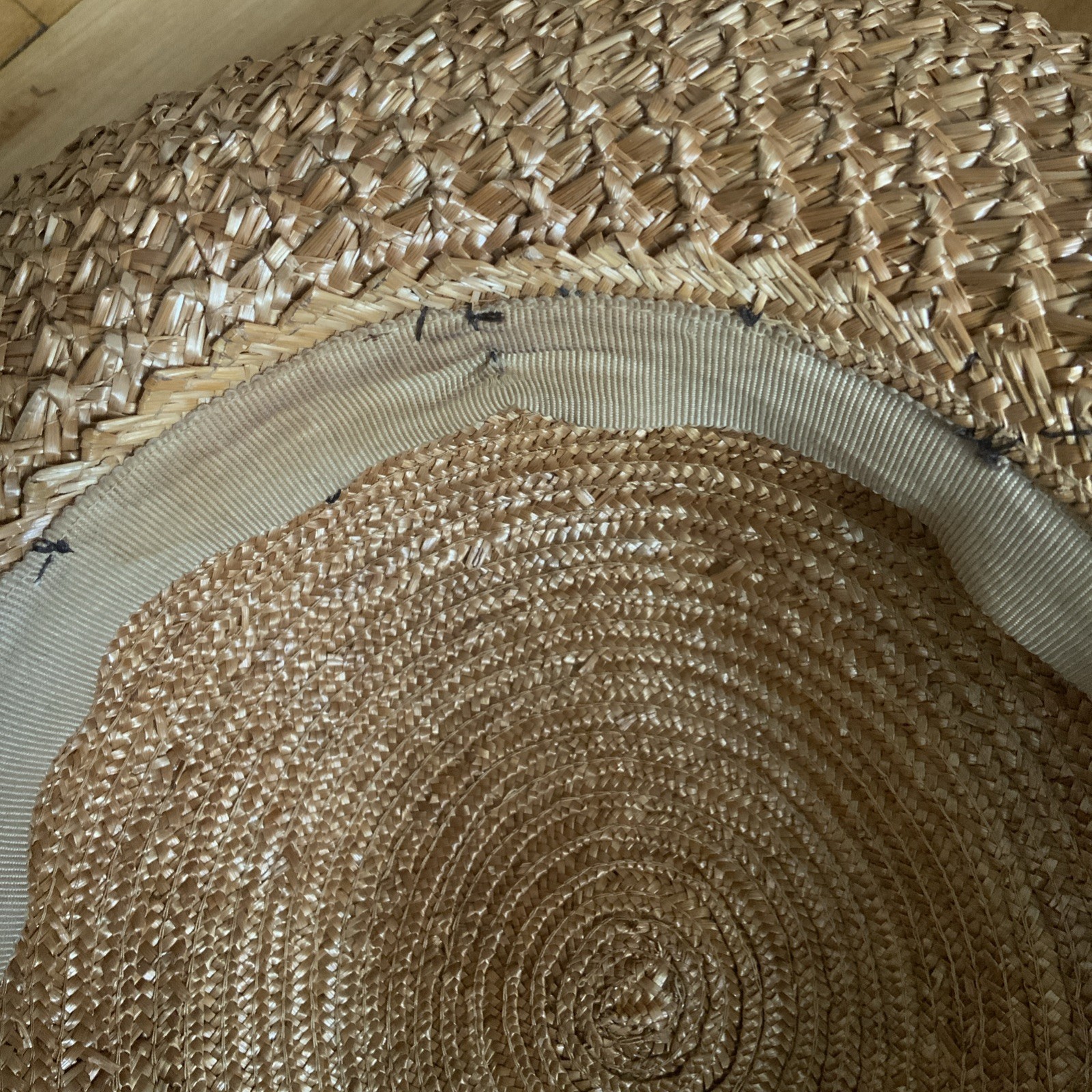 STRAW BOATER SKIMMER HAT BROWN RIBBON BOW VINTAGE WOMENS SIZE 22 ROLLED BRIM