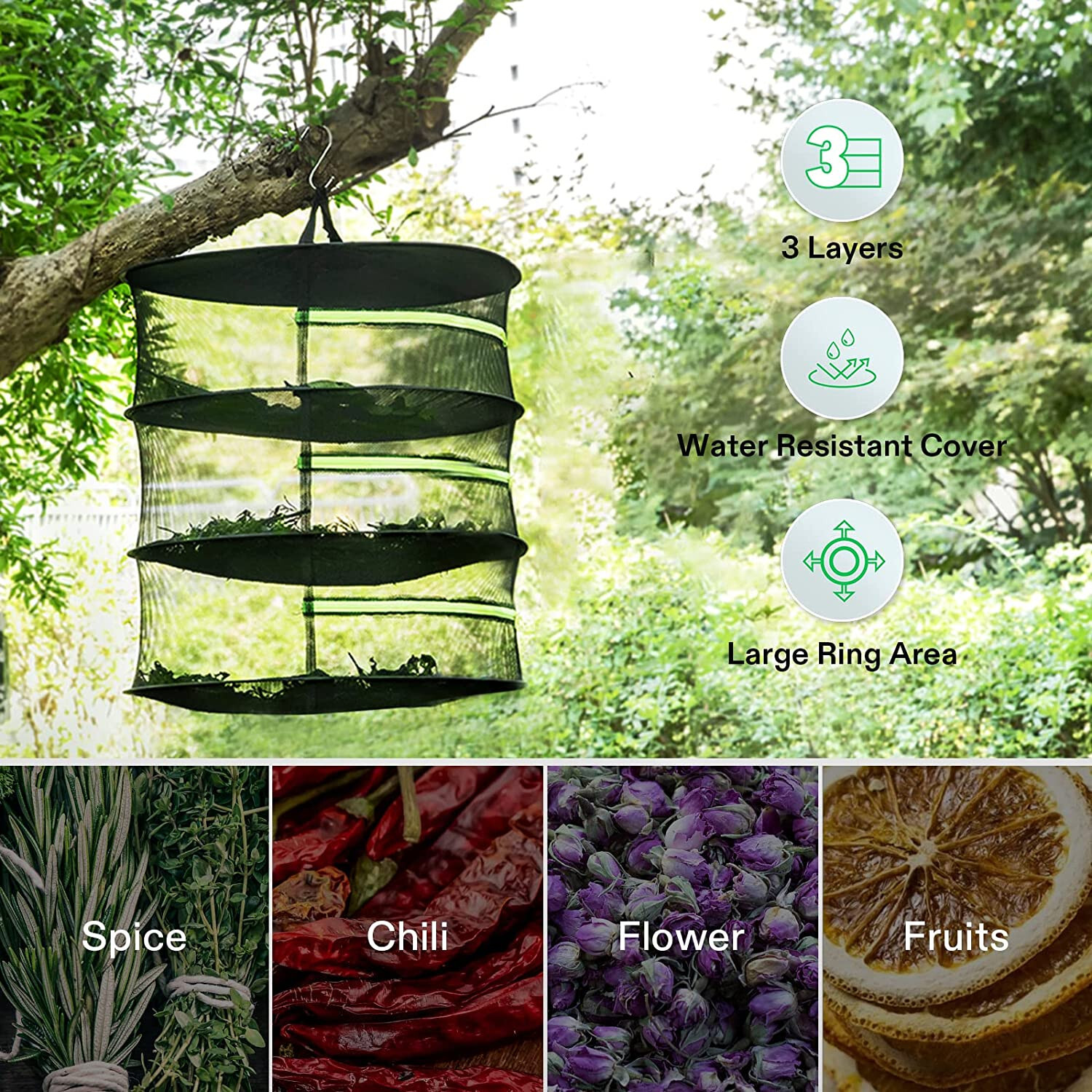 2ft 2-Layer Hanging Herb Mesh Rack Foldable Drying Net with Zippers
