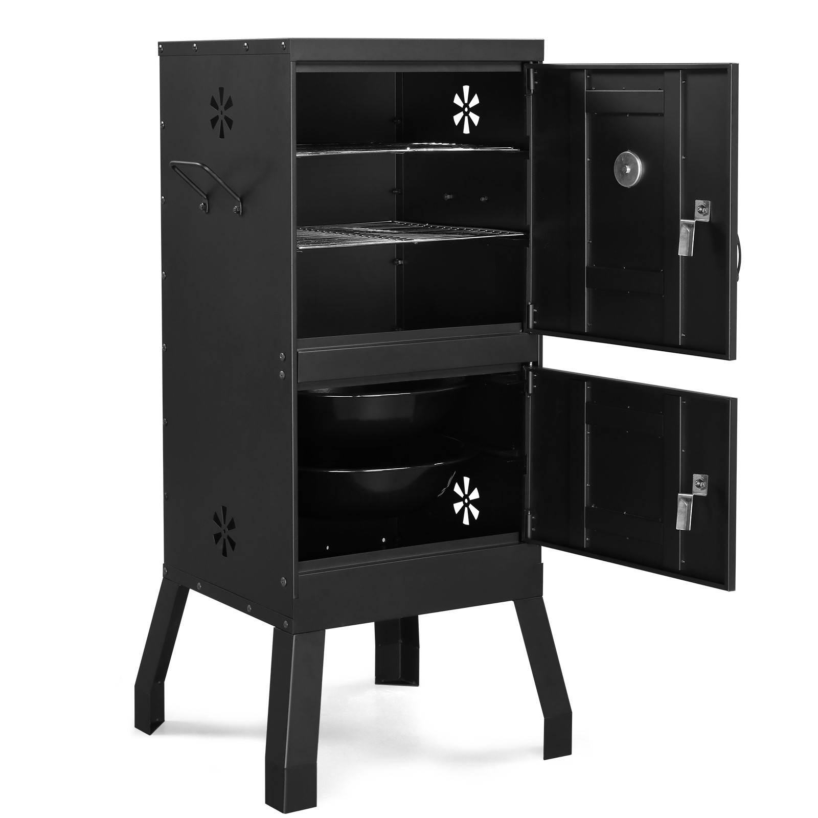 Vertical Charcoal Smoker Barbecue with Double Door Thermometer Garden Camping