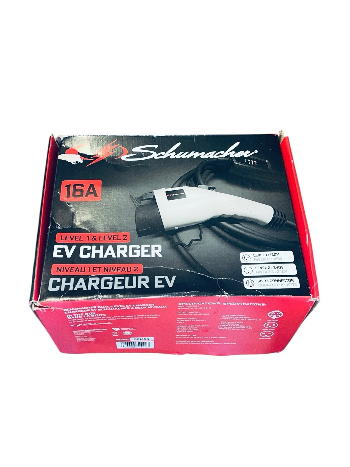 Schumacher SC1455 Level 1 & 2 Portable EV Charger 16A 120V/240V J1772 28ft Cable