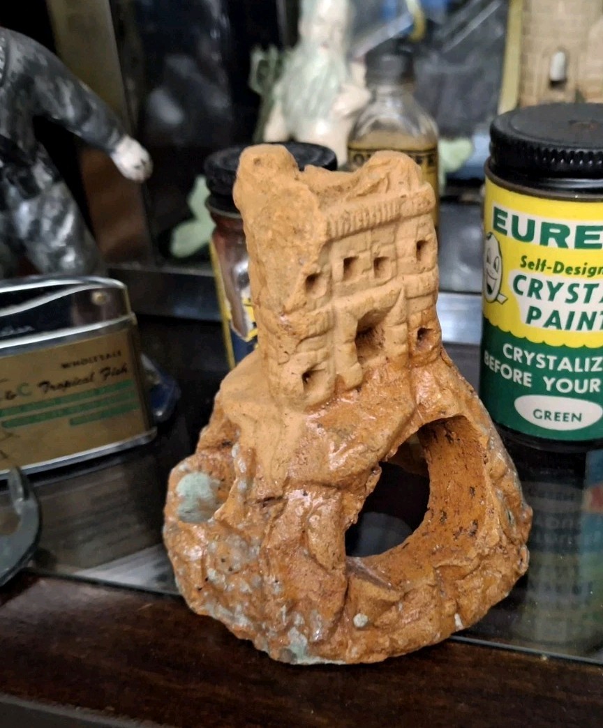 Vintage Old Antique Aquarium Early American 1940s Ceramic Clay Castle on a Hill