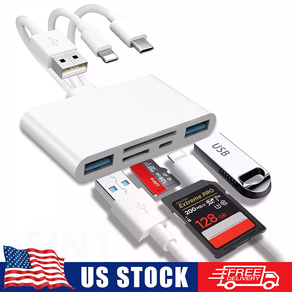5 in 1 Memory TF/SD Card Reader TypeC USB3.0 OTG Adapter For iPhone/iPad/Samsung
