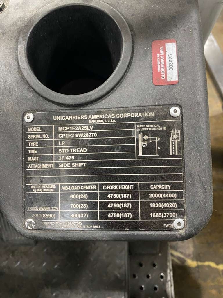 UniCarriers MCP1F2A25LV LP Forklift 4,400 lb Capacity Side Shift 3F Mast