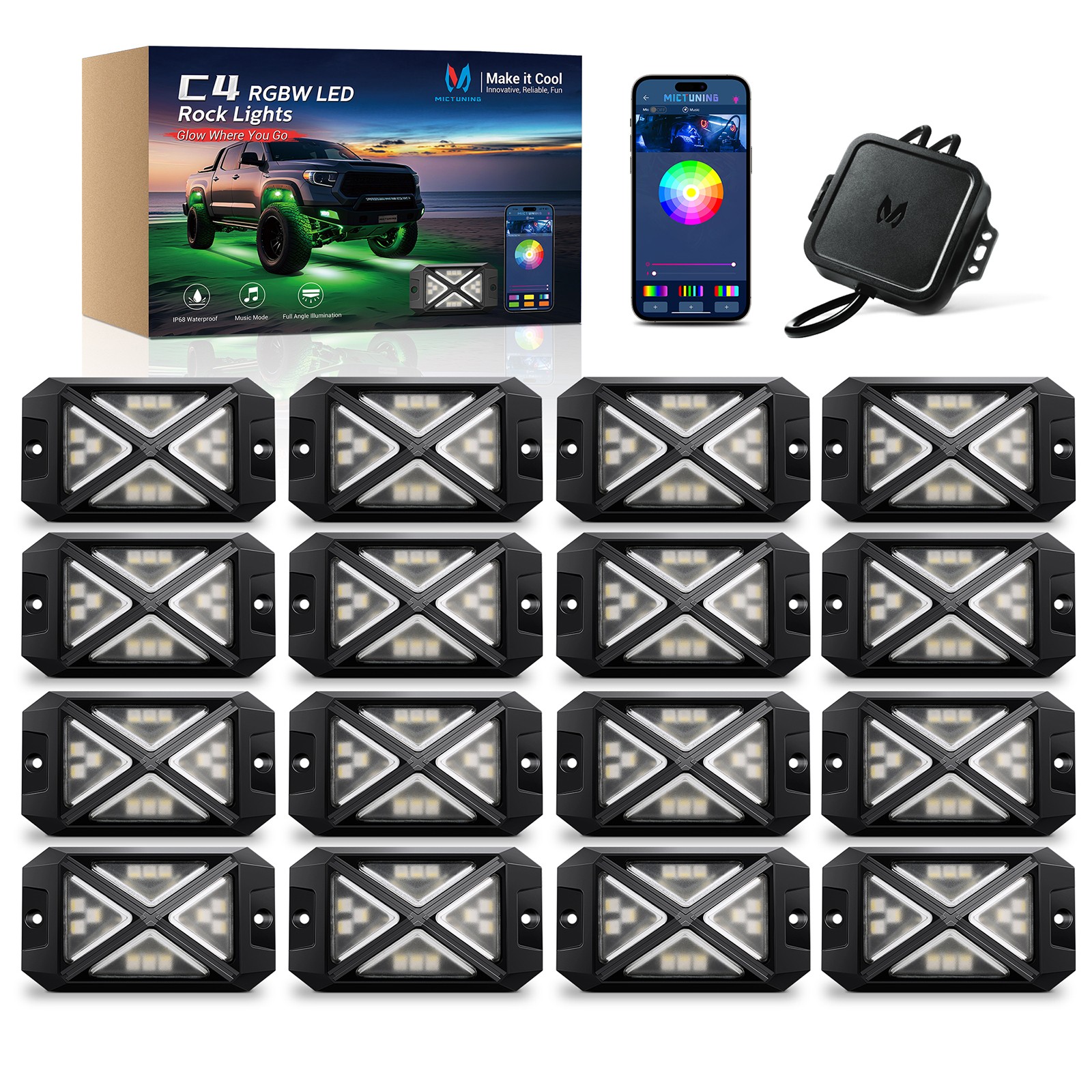 C4 16 Pods RGBW LED Rock Lights - 360º Bright Underglow Neon Accent Lighting Kit