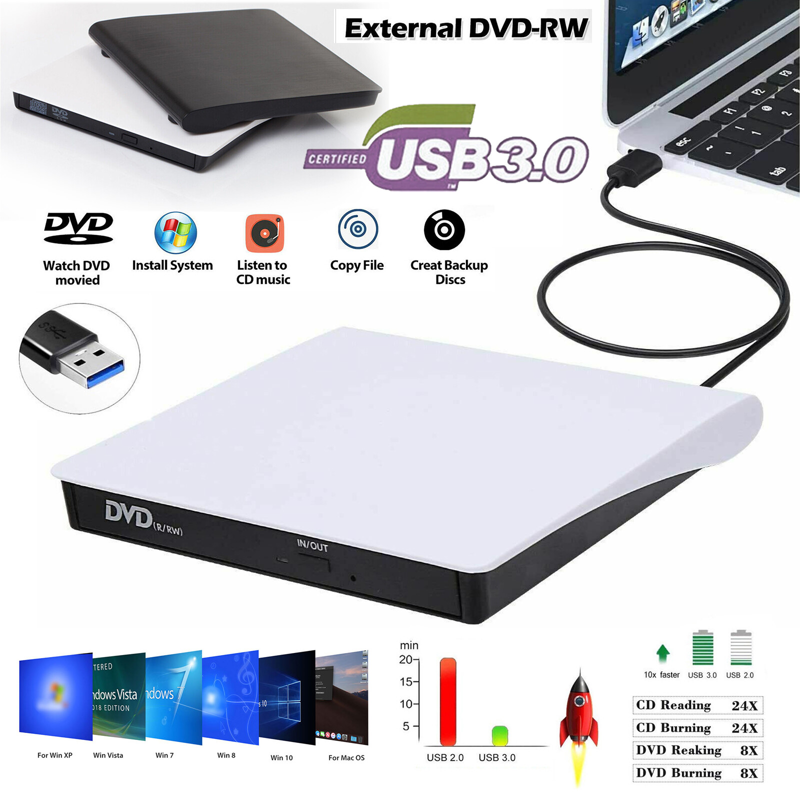 External DVD Drive  USB 3.0 CD Optical Burner Writer Recorder Portable