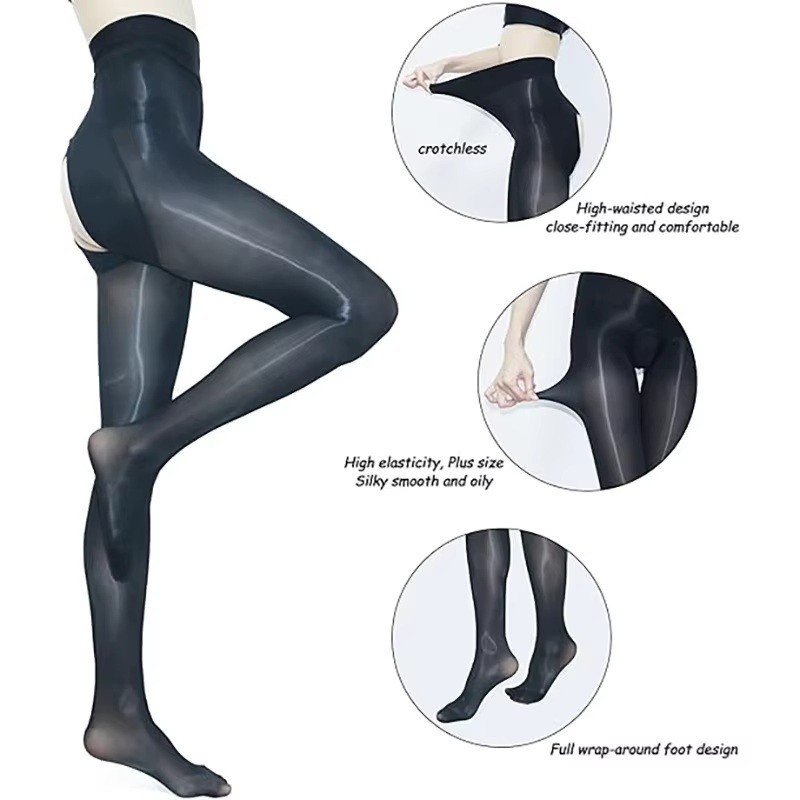OIL GLOSSY SMOOTH SHEER OPEN CROTCHLESS PANTYHOSE TIGHTS SHINY BLACK STOCKINGS