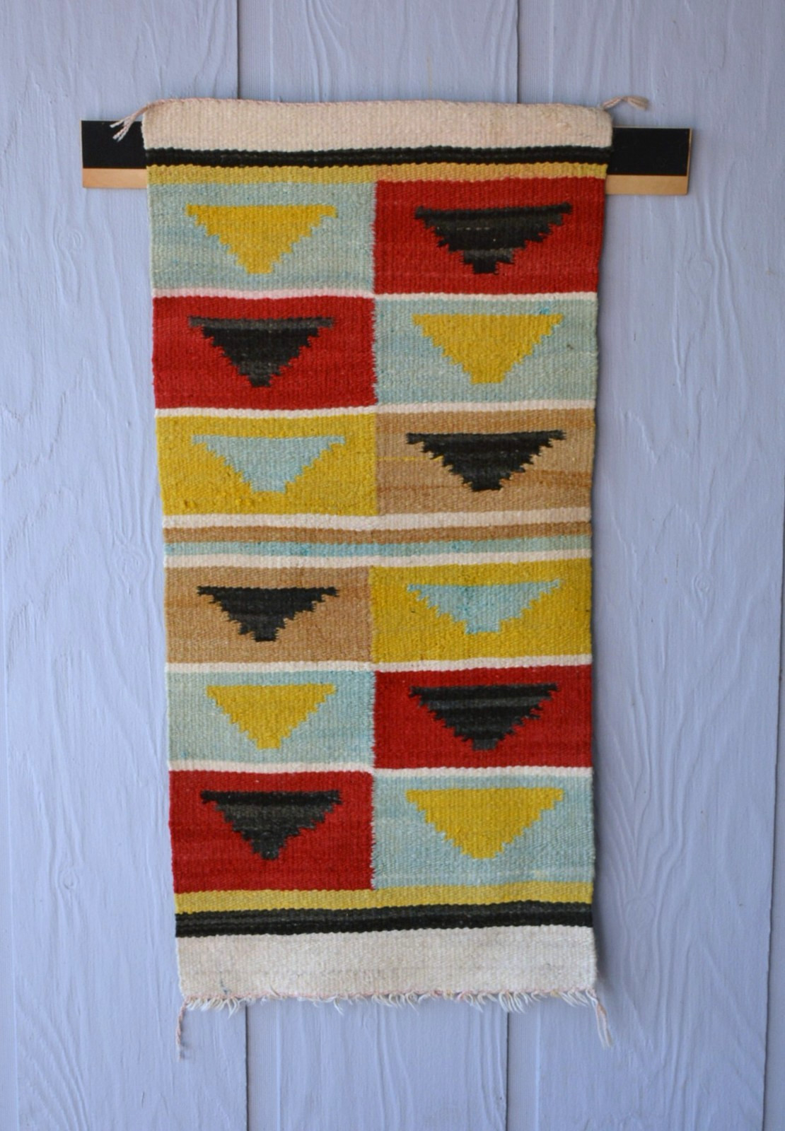 Unique Old Navajo Rug - Optical Design in Turquoise Yellow Red Black - 39" x 19"