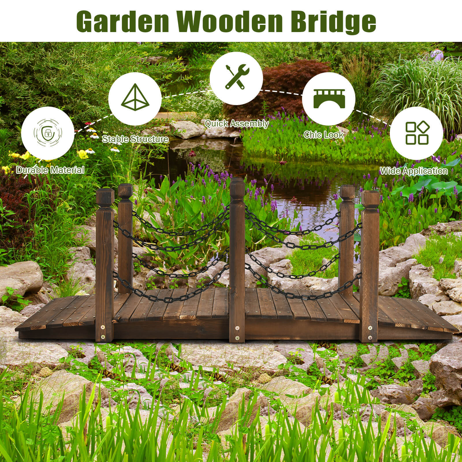 Patiojoy 5 ft Wooden Garden Bridge Arc Footbridge Stained Wood Finish Walkway