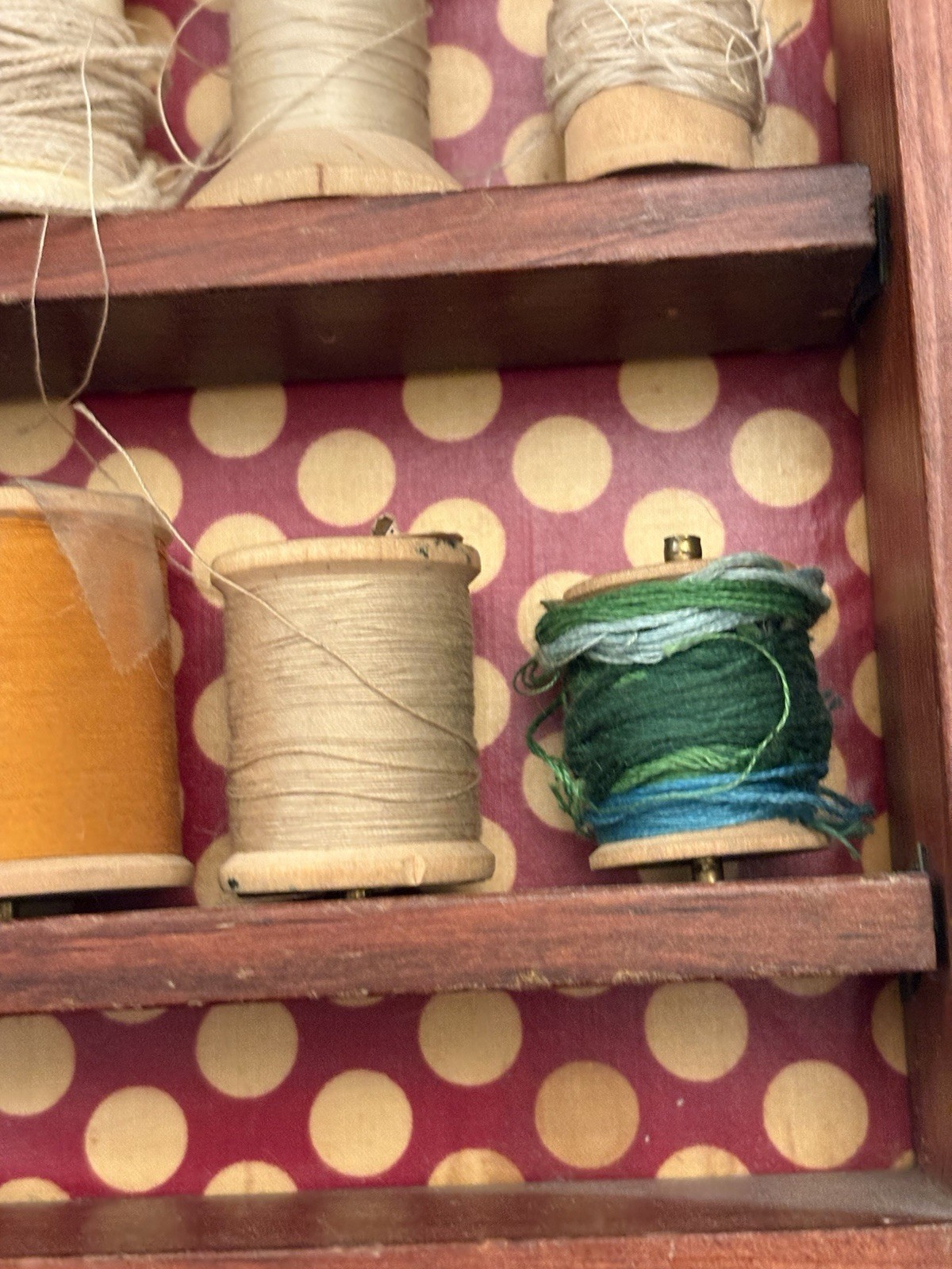 Vintage Case Full Of Wooden Spools Of Thread