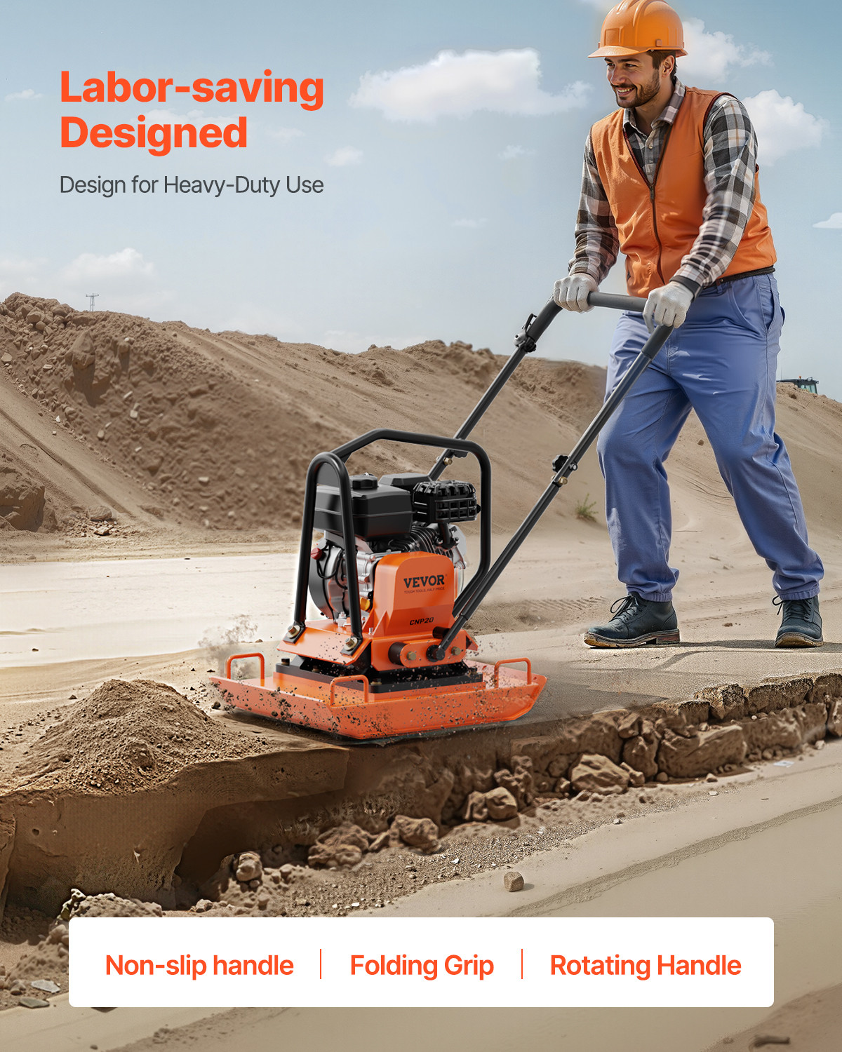 VEVOR 7.0hp Walk-Behind Vibratory Plate Compactor Soil Dirt Rammer Gas Engine