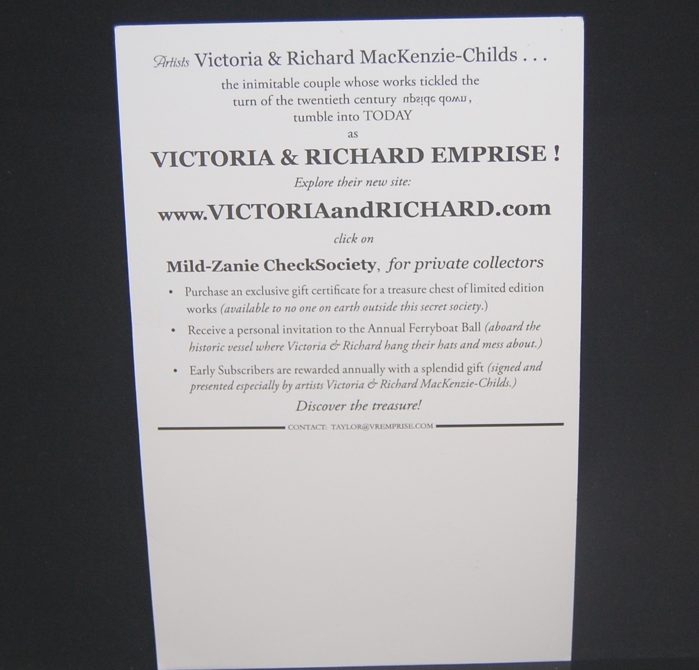 Victoria and Richard Set of 2 Emprise Postcards 2005-2006 MacKenzie Childs