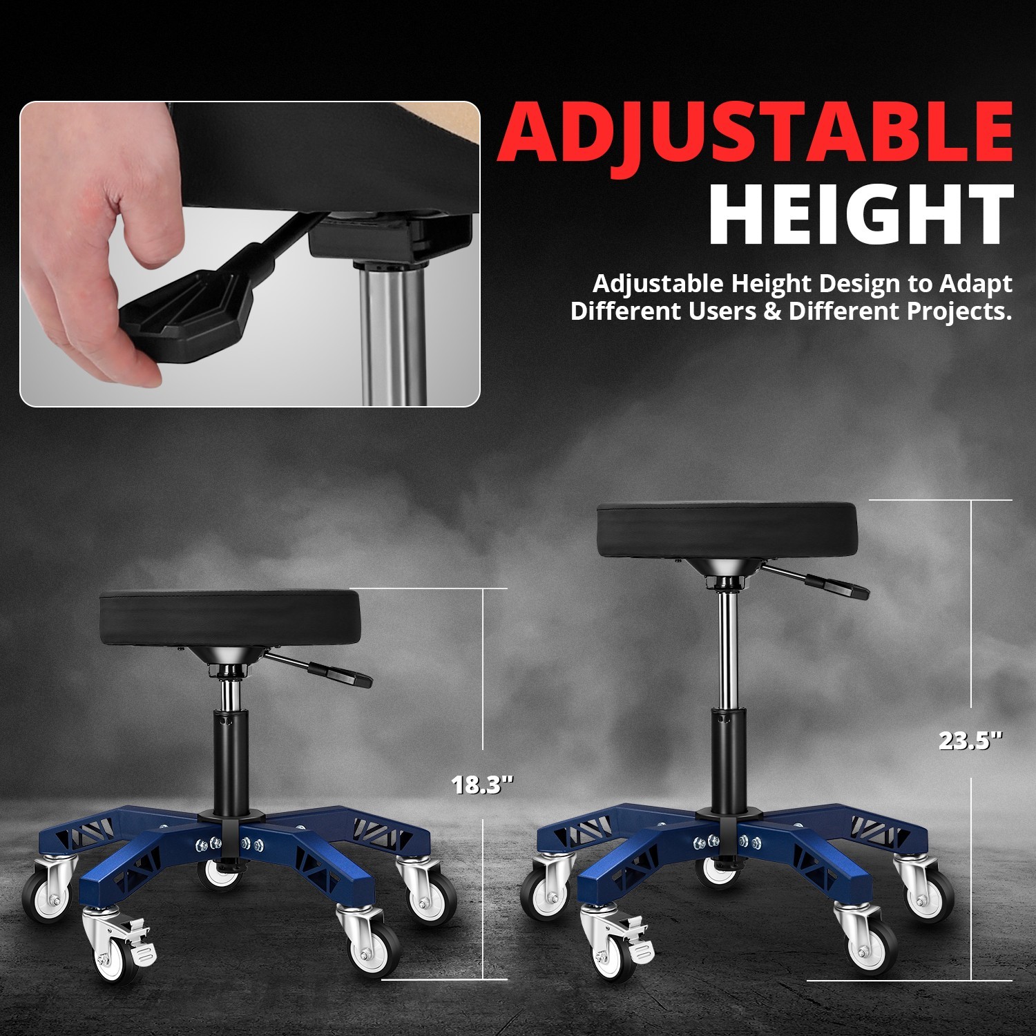 Heavy Duty Adjustable Height Mechanics Rolling Seat Garage Stool Work Shop Blue