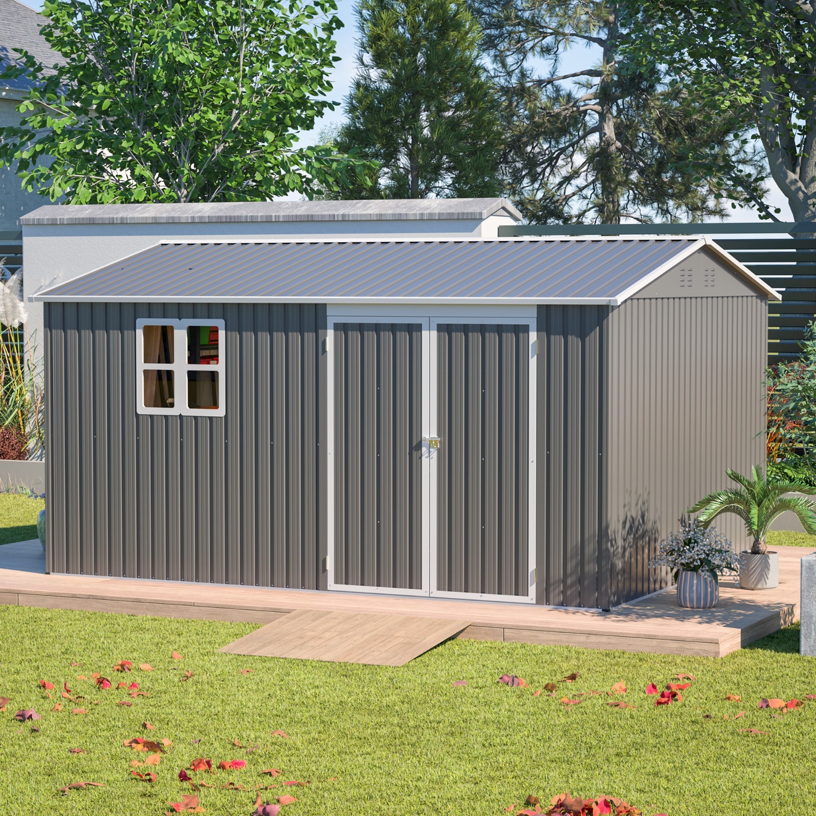 12'x10' Metal Outdoor Storage Shed Heavy Duty Garden Shed w/ Floor Kit & Window