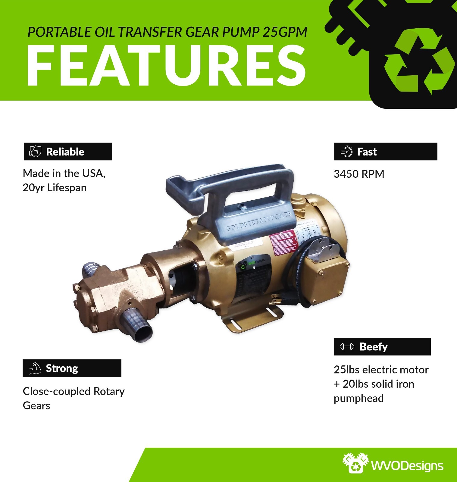 WVO Designs Portable Oil Transfer Gear Pump 25gpm, Goldstream Portable Oil Pump