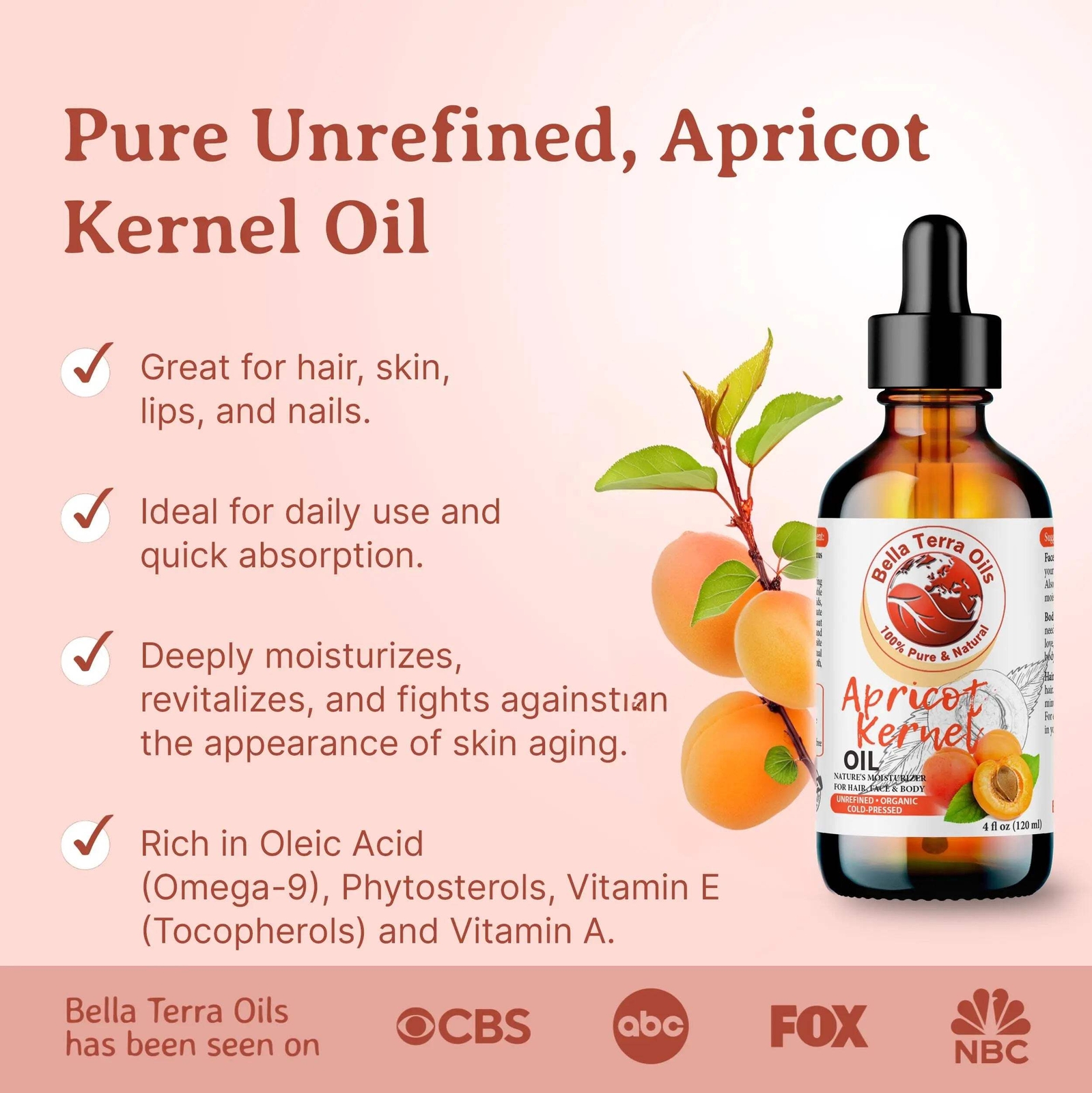 Organic Cold-Pressed Apricot Kernel Oil 100% Pure Skin Hair Face Moisturizer