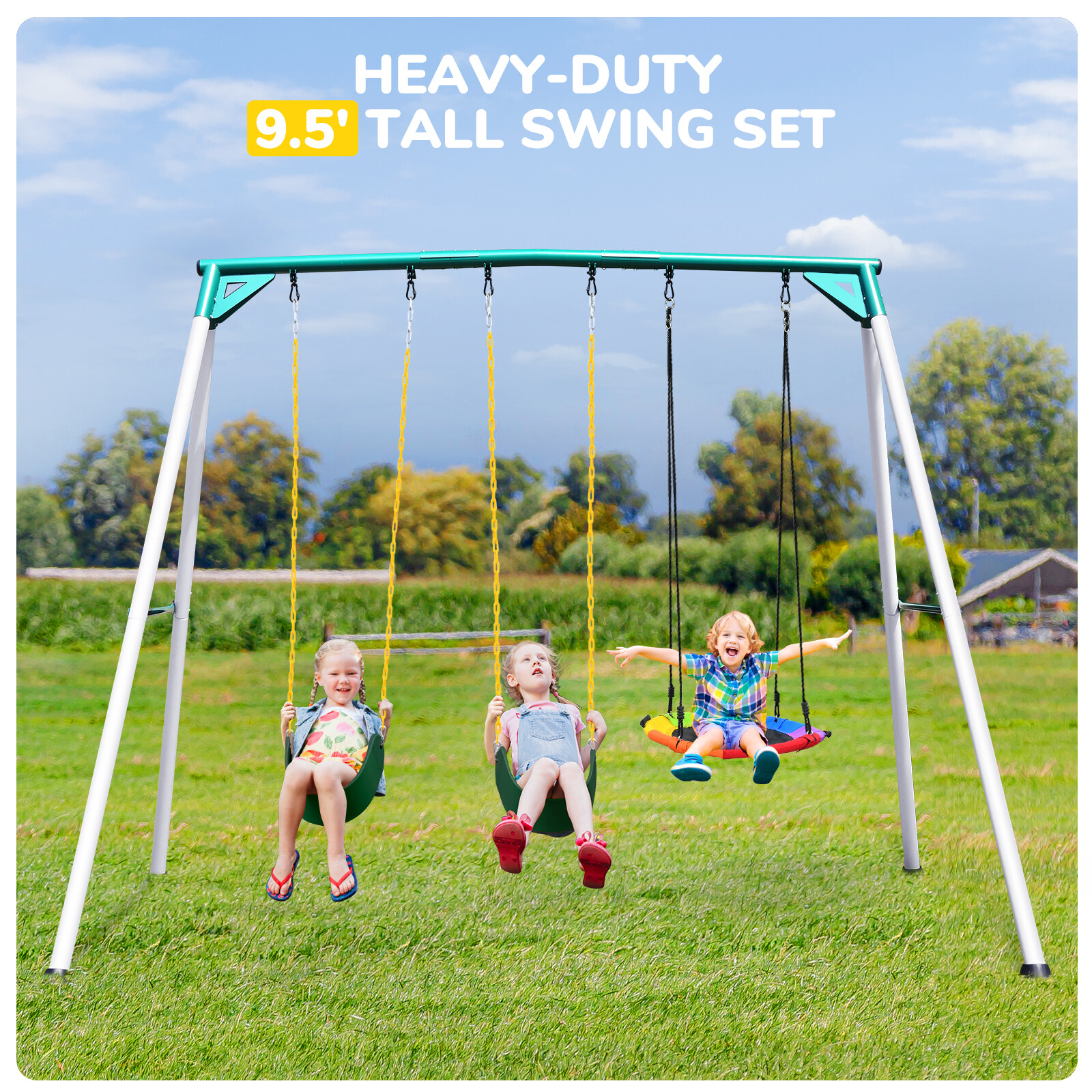700 LBs Heavy Duty Swing Set 9.5ft Frame Weatherproof Kids & Adult With 3 Swings