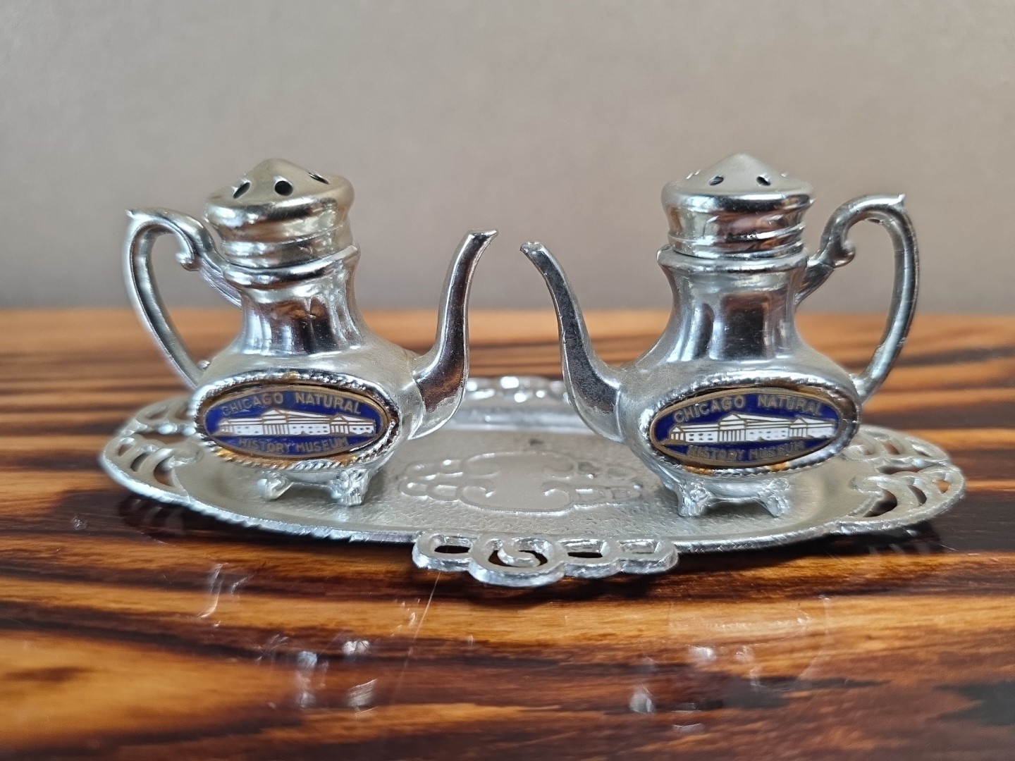 Vintage 1960s-70s Salt & Pepper Shakers Tea Set w/Tray Chicago Natural History