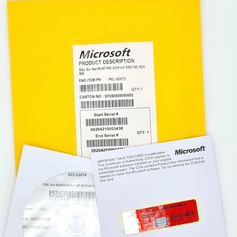 SQL Server 2019 STANDARD 48 Core License, unlimited User CALs CoA Genuine Label