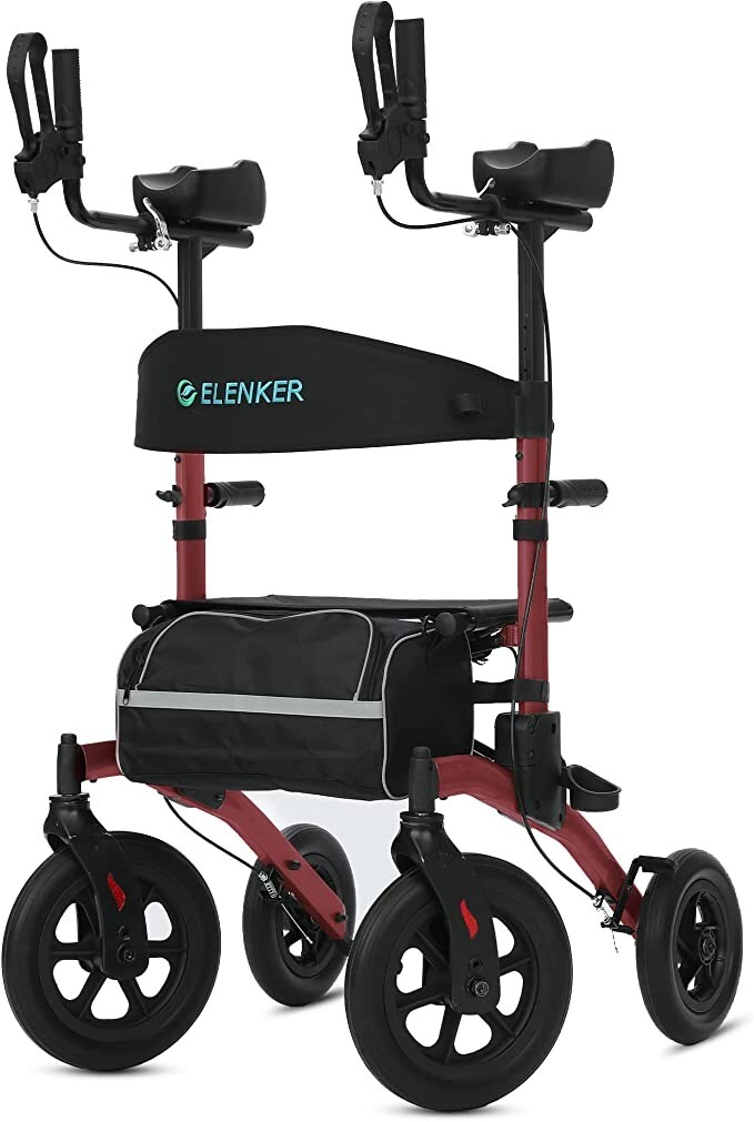 2024 ELENKER All-Terrain Upright Walker, Stand up Rolling Walker with Seat RED