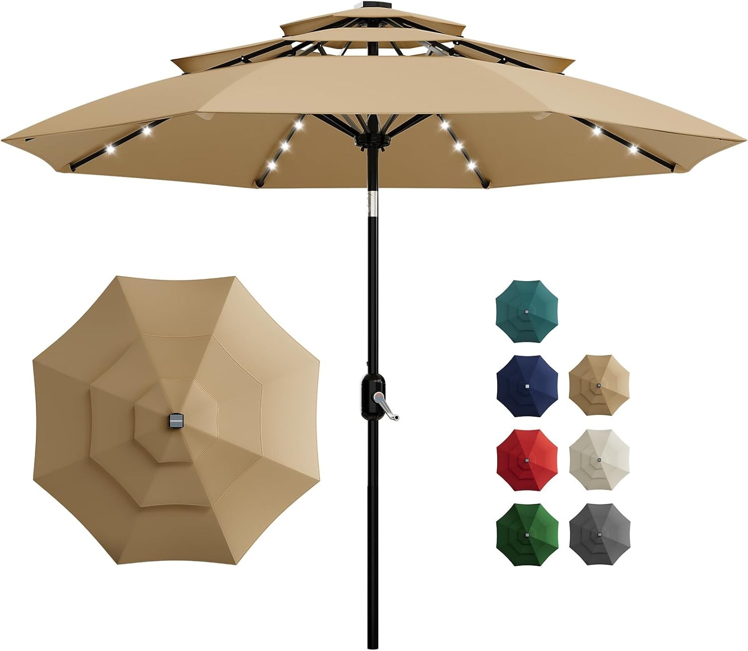 10Ft 3-Tier Solar Patio Umbrella with LED Lights, Outdoor Table Umbrella