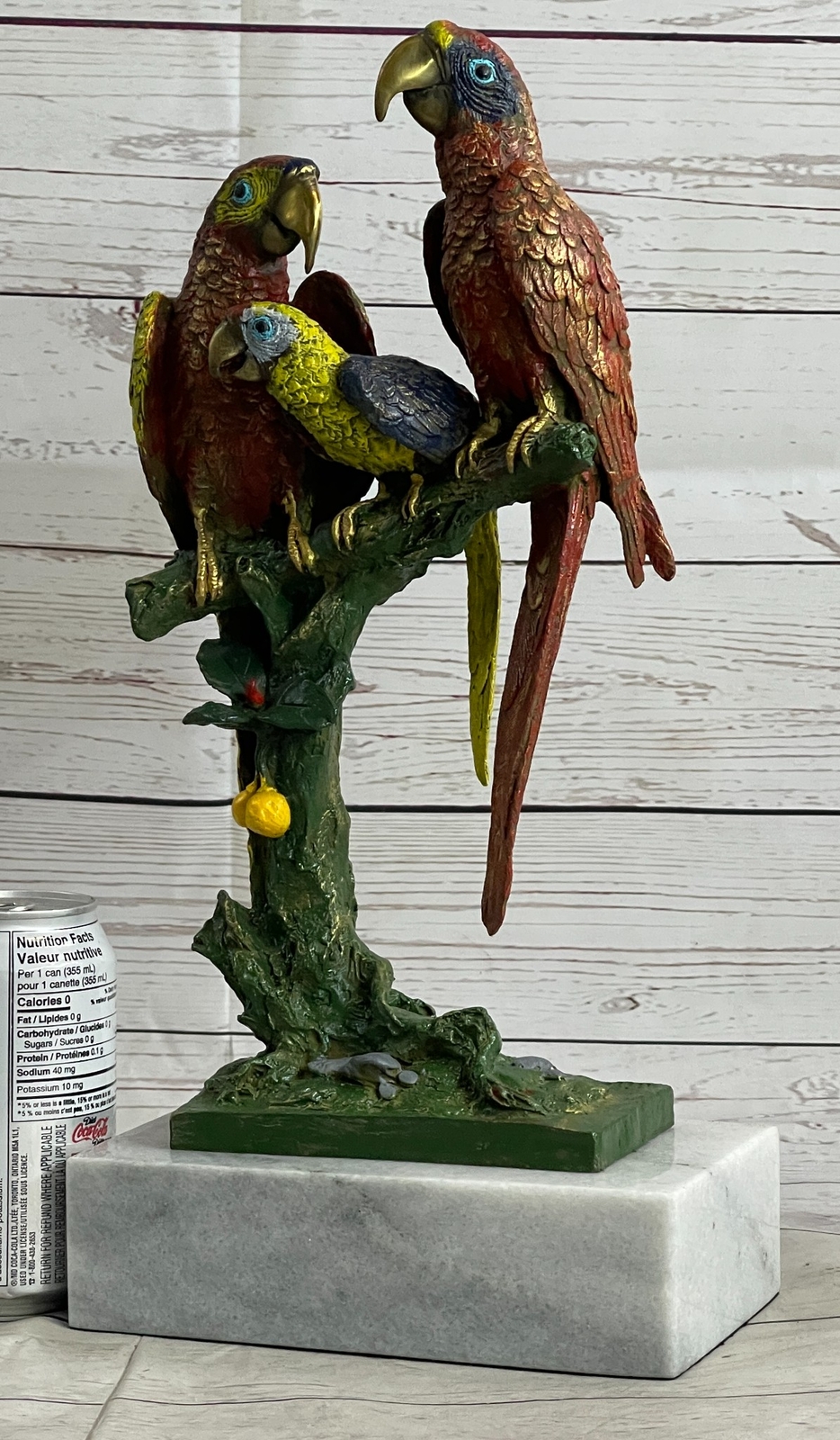 Three Macaw Parrots on a Branch Bronze Metal Statue Sculpture Colorful Decor Art