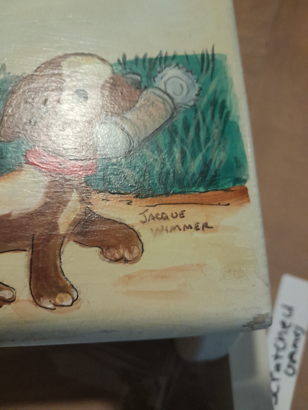 Vintage Hand Painted Childrens Chair Signed By Artist 14"x14" Puppy Boy Fishing