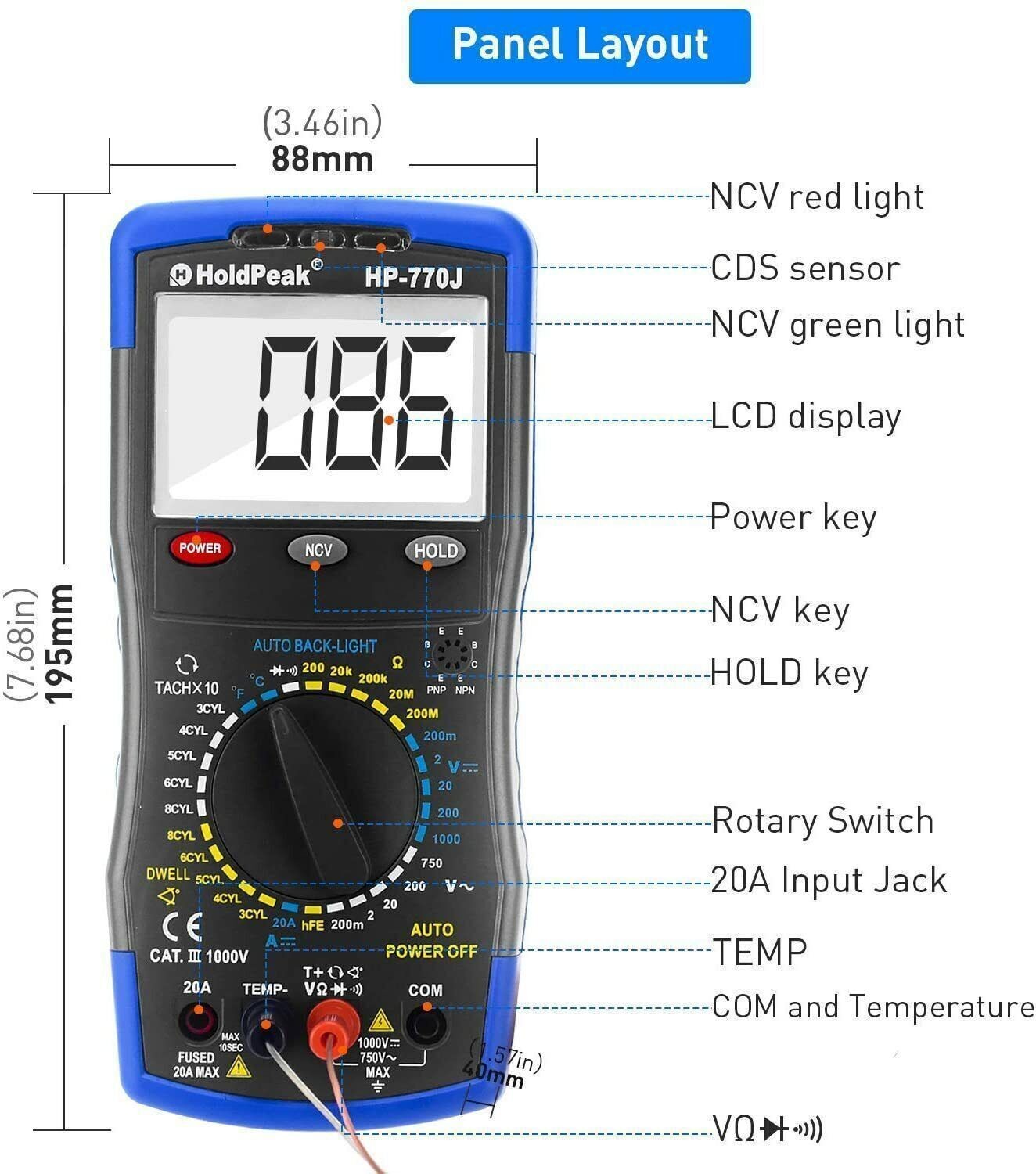 Automotive Multimeter Engine Analyzer Tacho Dwell Meter 50~10000 RPM 4/5/6/8CYL