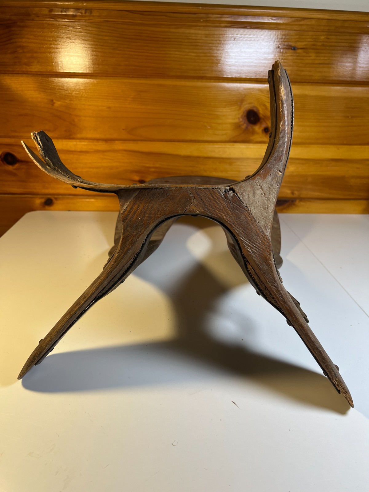 Antique 1880 Hand Made Wooden Saddle Stand Holder Blacksmith Peened Wrought Iron