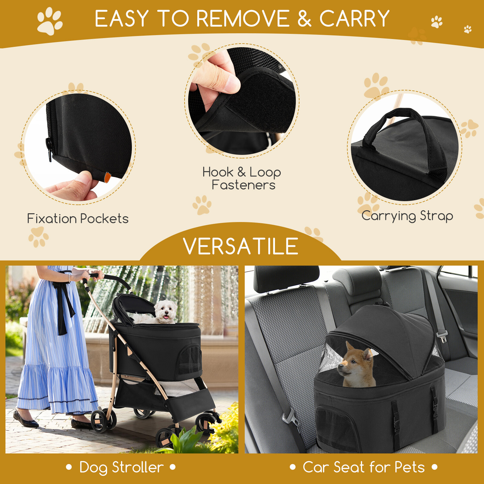 3-in-1 Foldable Pet Stroller with Storage Basket, Removable Car Seat Carrier