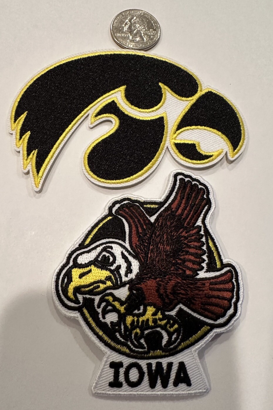 2-IOWA HAWKEYES Vintage Style Embroidered Iron On Patches. 3"x 2.5” & 4”x 2.5”